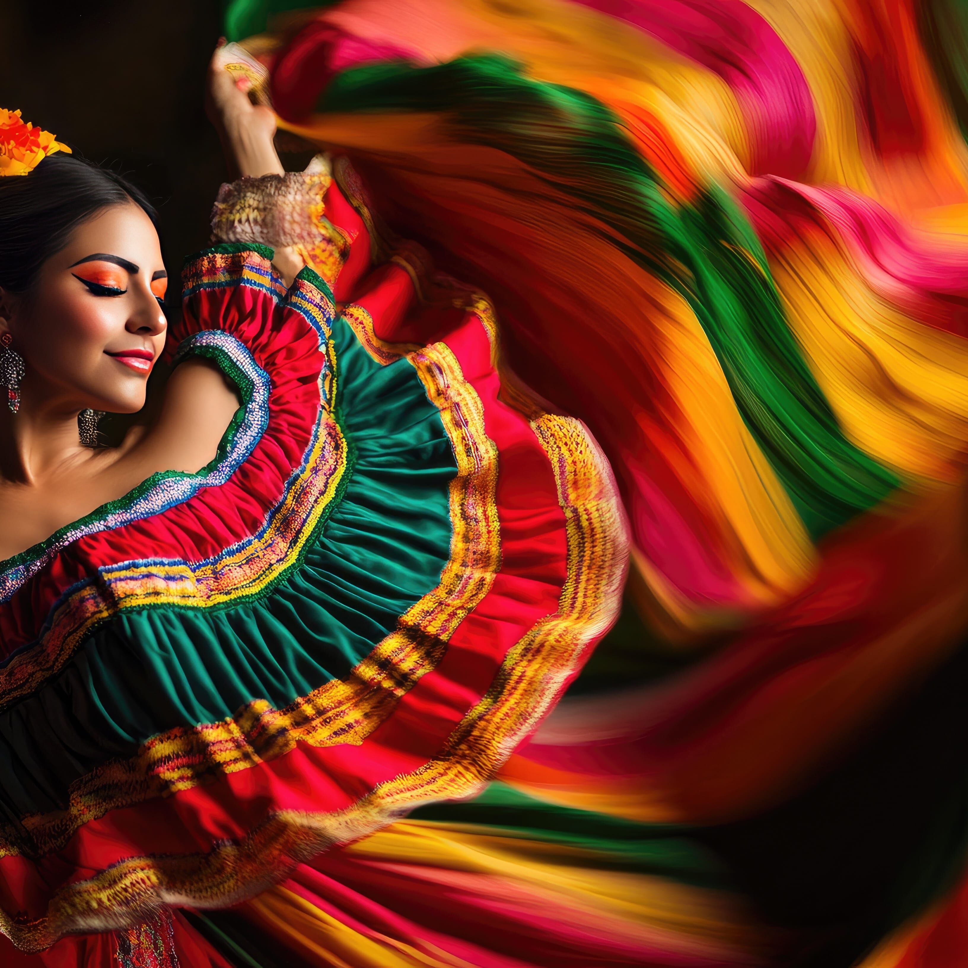 A beautiful Mexican dancer performing in a traditional dress, with the colorful fabric in motion, embodying the spirit of Cinco de Mayo