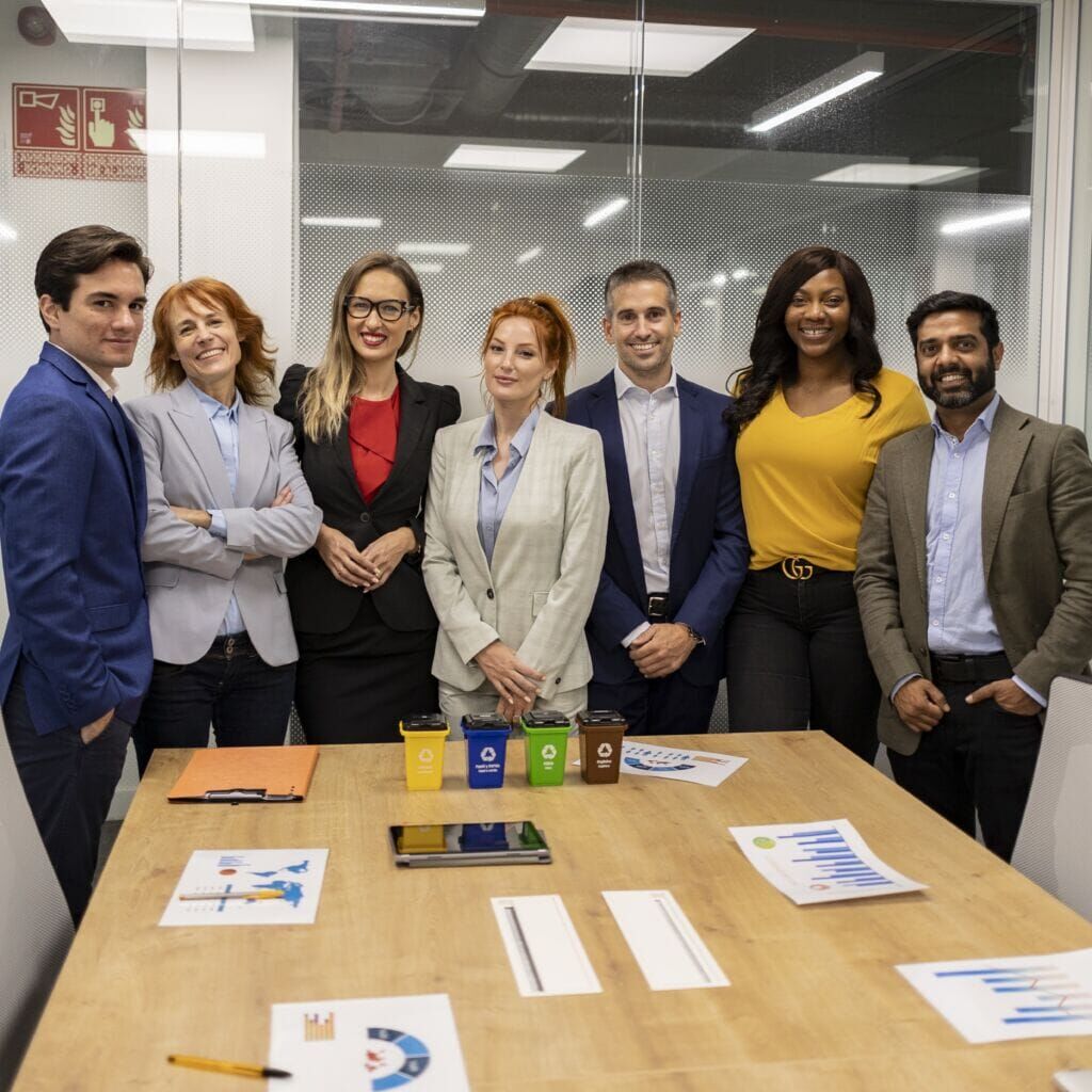 Multiracial Business Team Posing Together in Conference Room Group of diverse business professionals standing together in a conference room, showcasing teamwork and unity.